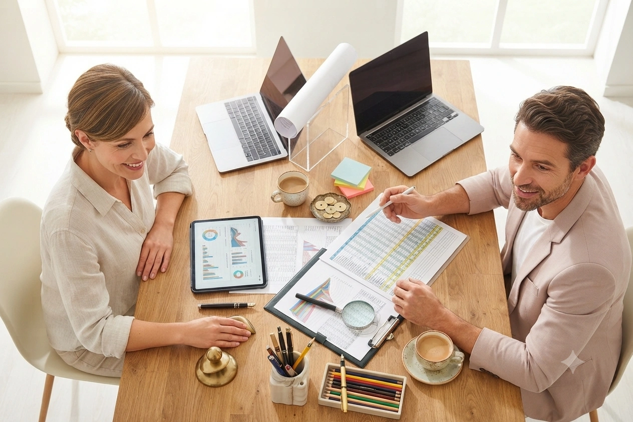 Bookkeeper working at desk with calculator and laptop